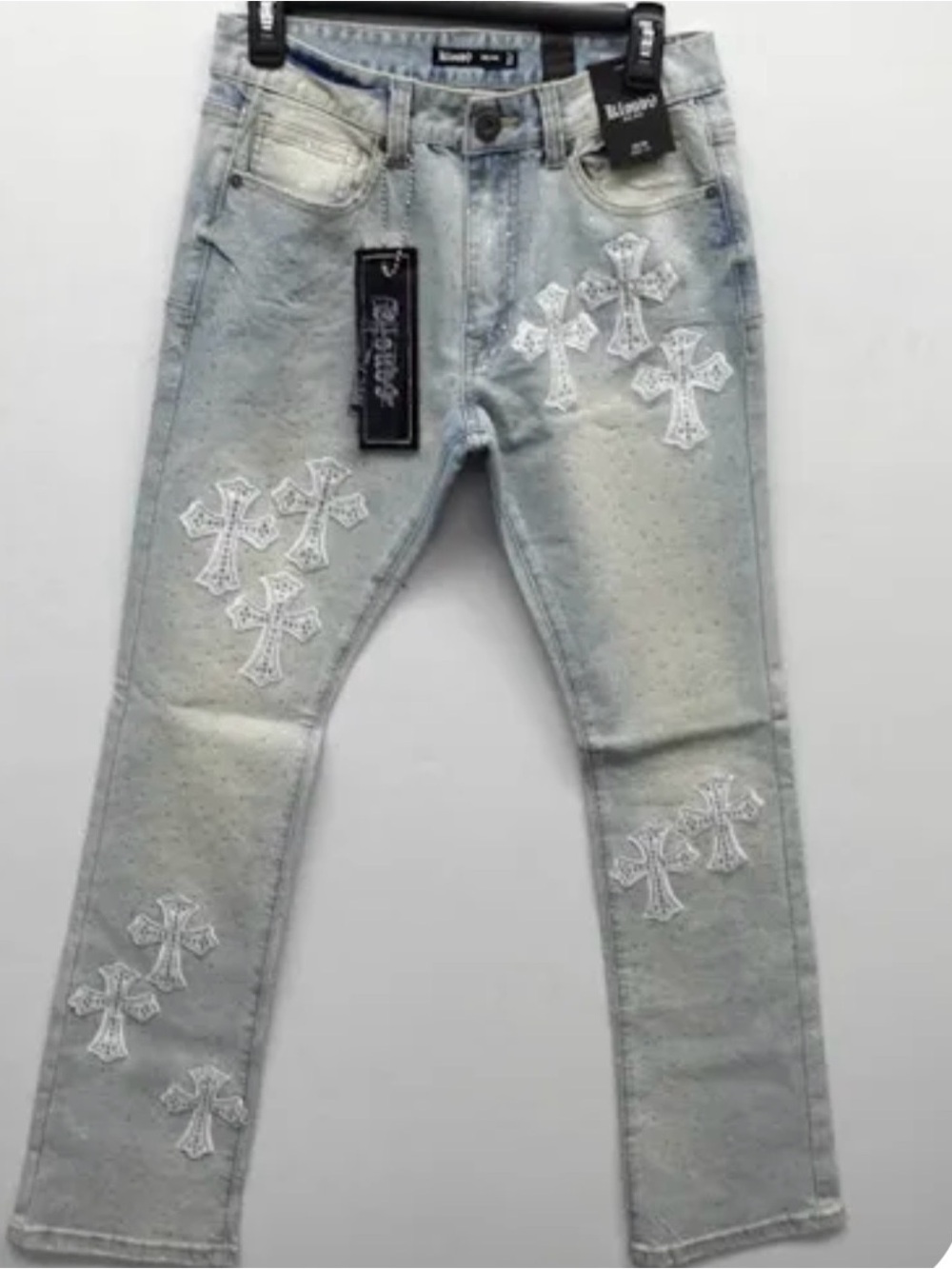 Kloud9 Light Wash Jeans with White Cross Appliqués Sz 34
